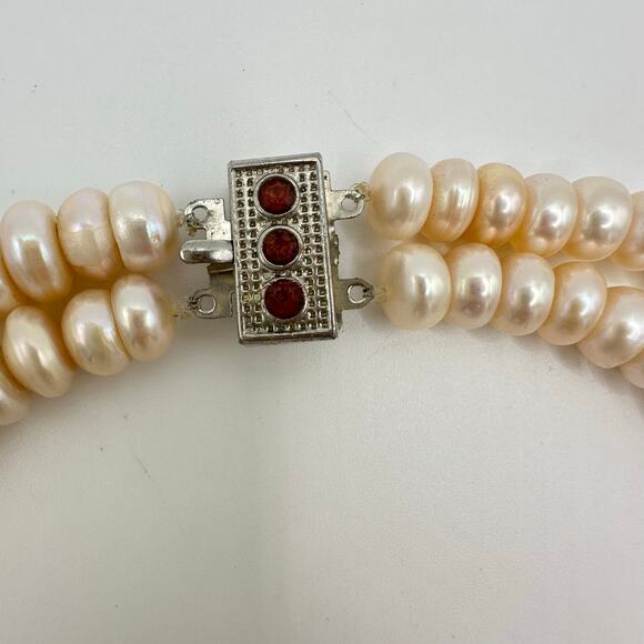 Double 2 two strand pink real freshwater button pearls beads beaded necklace - Picture 7 of 9